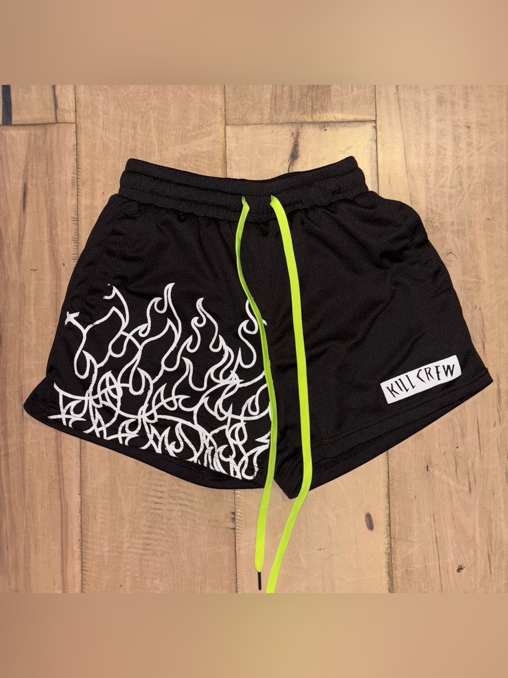 Kill Crew Black Athletic Shorts with White Flame Print and Neon Green Drawstring